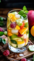 Fototapeta premium Refreshing Glass of Mixed Fruit and Mint Salad on Wooden Board : Generative AI