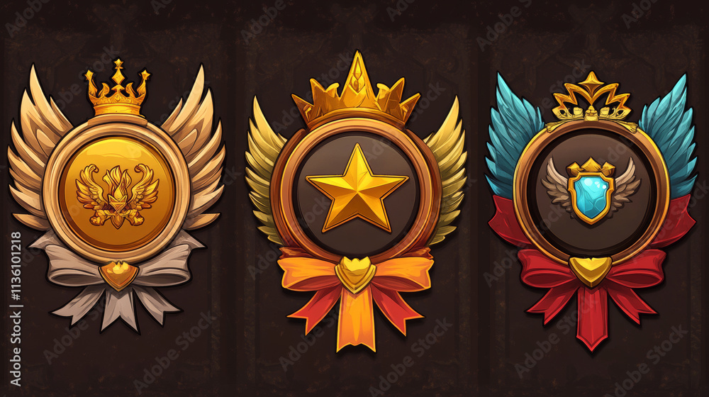 Poster circle badge frame for game ui avatar design with wings, golden crown and yellow star, red ribbon ba