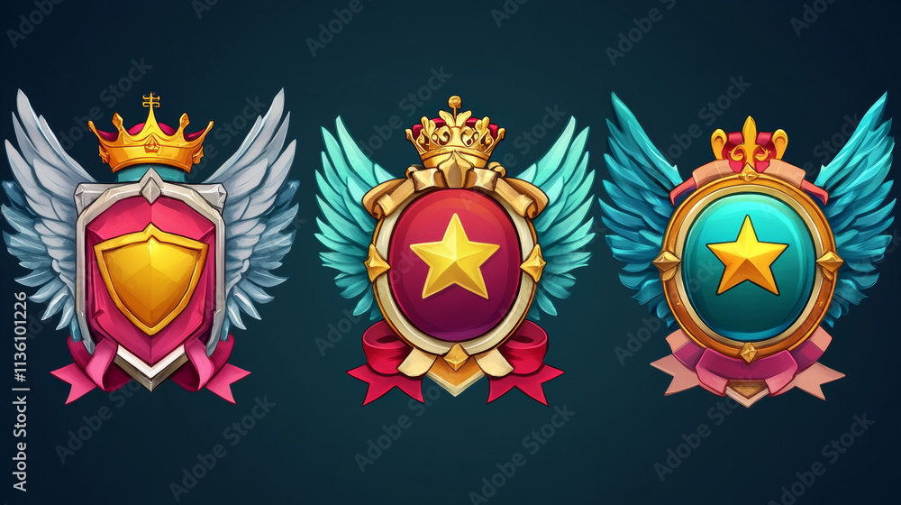 Poster circle badge frame for game ui avatar design with wings, golden crown and yellow star, red ribbon ba