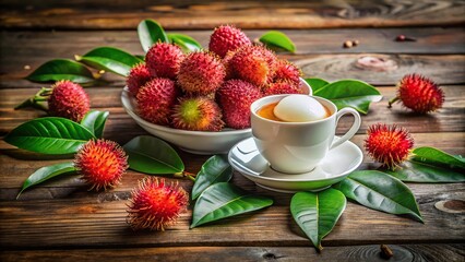 Delightful Rambutan Syrup in a White Cup, Capturing the Essence of Tropical Flavors and Refreshing Beverages for Culinary Photography and Food Styling