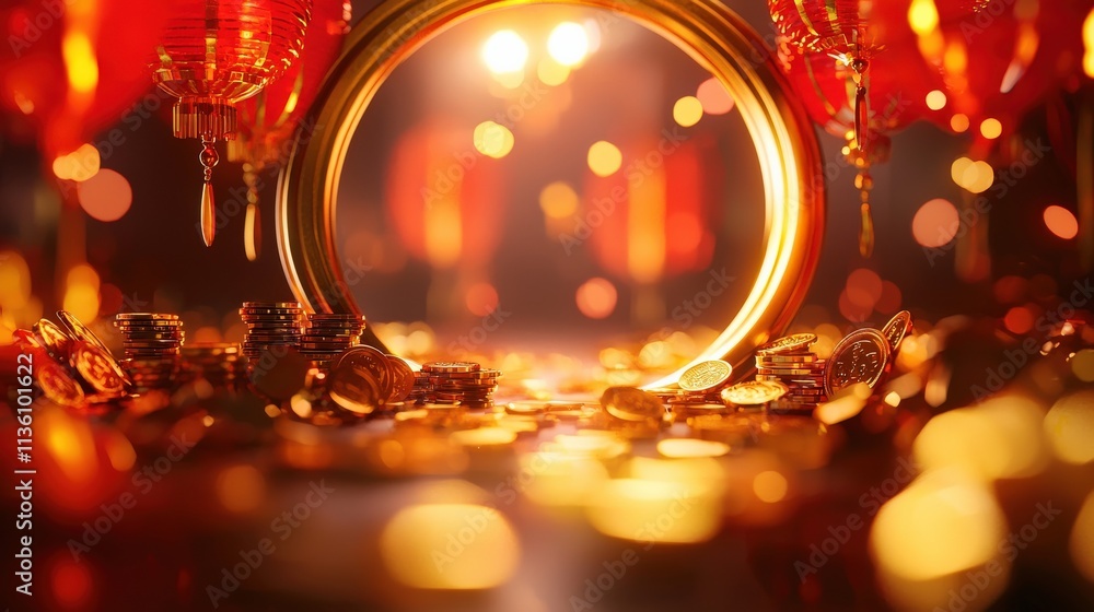 Poster Golden ingots and coins forming a radiant circular display, surrounded by glowing red lanterns, creating an auspicious setting