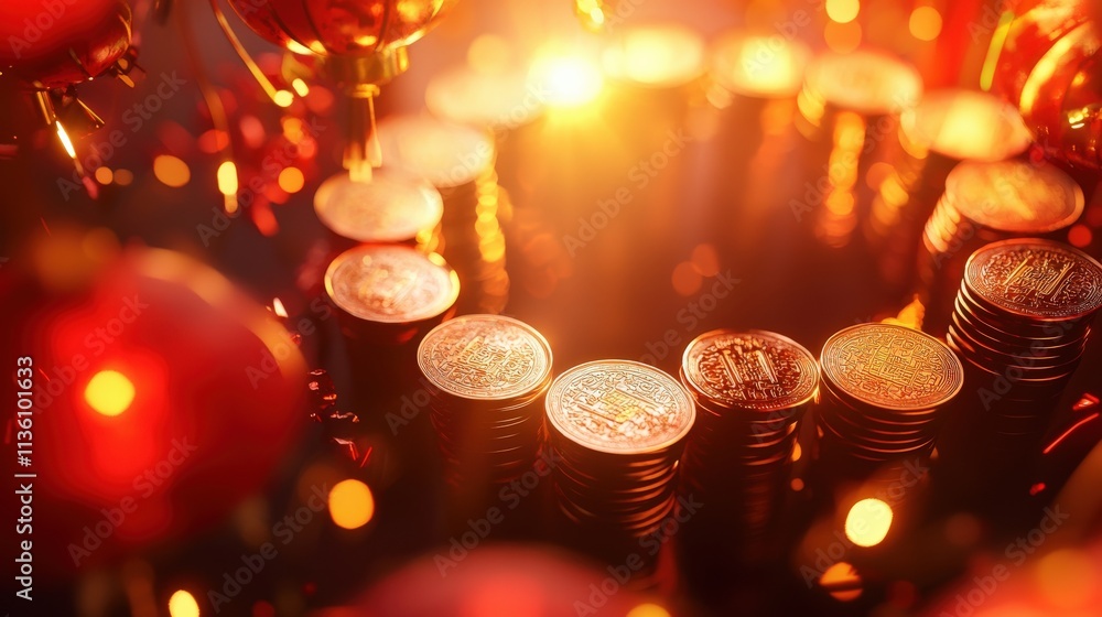 Poster golden ingots and coins forming a radiant circular display, surrounded by glowing red lanterns, crea
