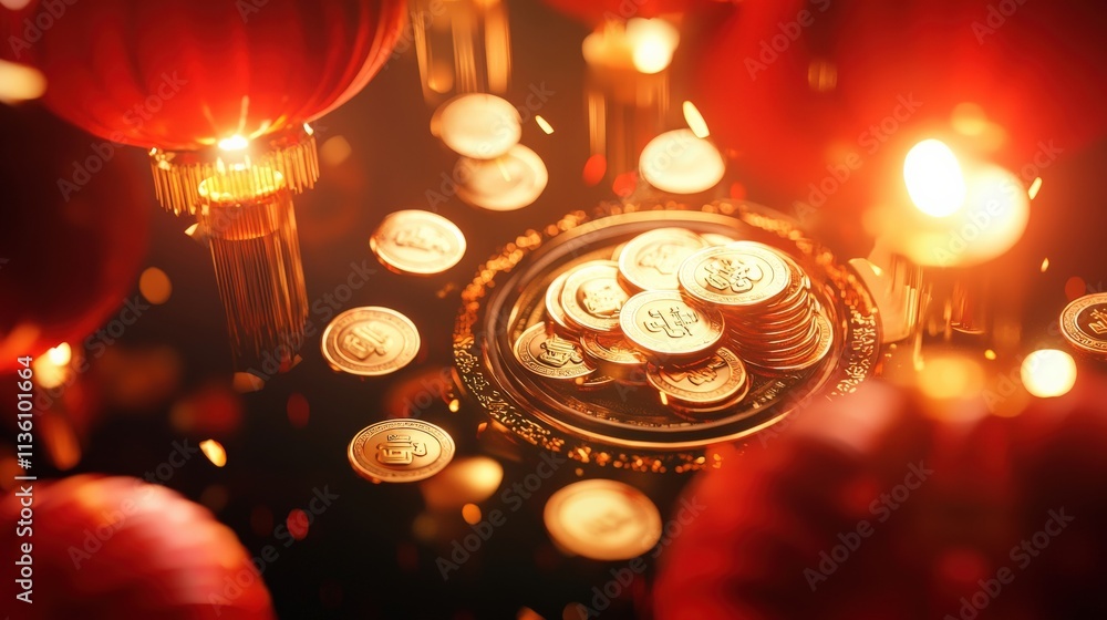 Poster golden ingots and coins forming a radiant circular display, surrounded by glowing red lanterns, crea