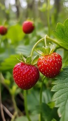 Closeup of Fresh Red Strawberries on Vine in Lush Green Garden : Generative AI