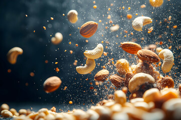 Mixed nuts levitating against dark background.
