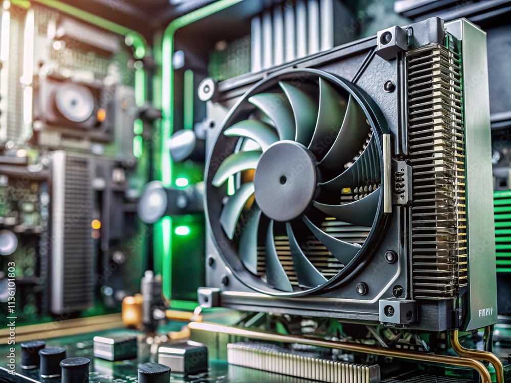 Poster detailed close-up of a computer motherboard with dual cooling fans positioned on top, emphasizing te