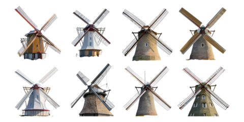 Nine Unique Windmills in Scenic Landscape View, PNG collection, set bundle, isolate on transparent or white background