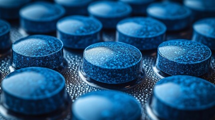Close-Up of Blue Round Tablets in a Blister Pack Background