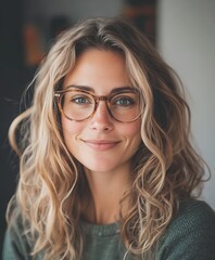 Obraz premium Young Woman with Curly Hair Wearing Glasses and a Warm Smile : Generative AI