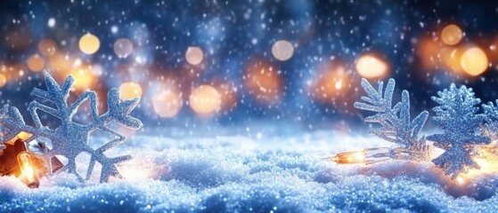 Obraz premium Sparkling Winter Wonderland: Snowflakes, Lights, and Festive Snow Scene