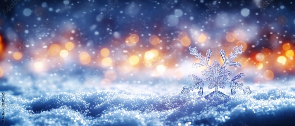 Poster sparkling snowflake on snowy ground with festive bokeh lights