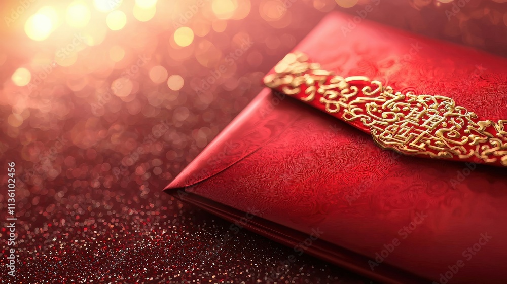 Poster a vibrant red envelope with intricate golden chinese characters and patterns, arranged elegantly aga