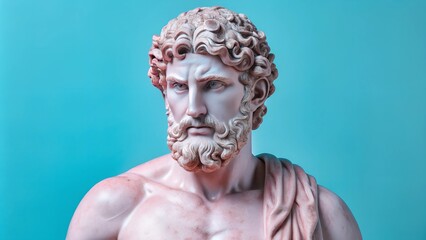 A muscular marble statue of a man in contemplation, illuminated against a clean turquoise background. Ample copy space is perfect for modern, minimalist designs. 