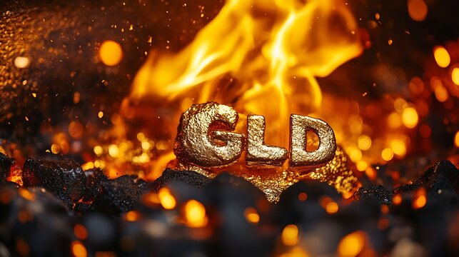 Fiery Gold Letters GLD Surrounded by Glowing Flames and Ash : Generative AI