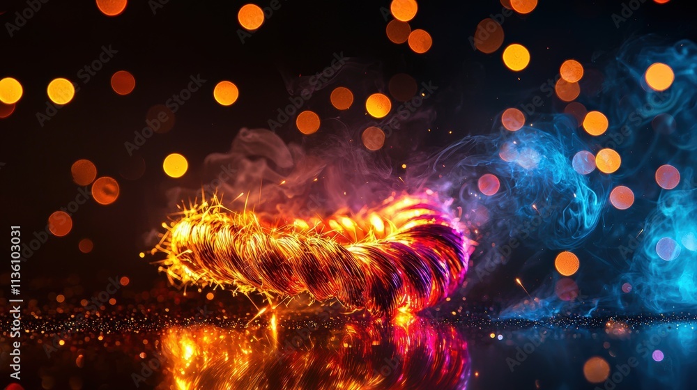 Poster a vibrant firecracker string coiled artistically on a polished surface, accented by subtle sparks an
