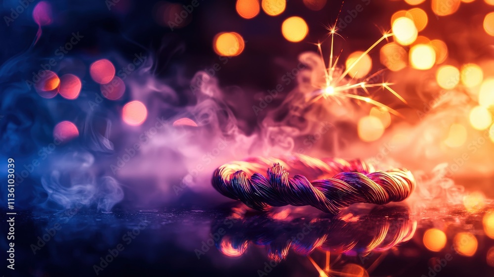 Poster a vibrant firecracker string coiled artistically on a polished surface, accented by subtle sparks an