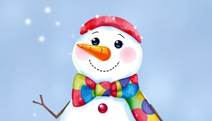 Whimsical Snowman with a Carrot Nose Wearing a Colorful Christmas Bowtie in Watercolor. Free Christmas Background. Chrismas Wallpaper. Cool Wallpaper 4k
