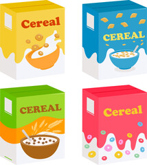 Boxes of cereal packaging in different flavors. Cereal ring cornflakes, chocolate cereal product and milk splashes. Vector illustration