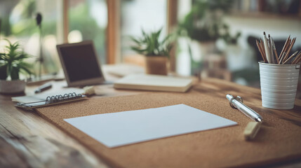 Cork board with white note papers attached with adhesive tape and pins. Realistic vector brown office corkboard with notepad pages and stickers for memory writings. Mockup for announcement notice.