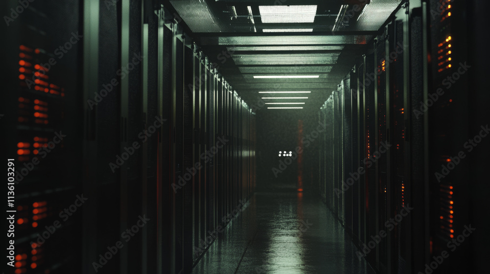 Aufkleber modern data center with computer servers. vector cartoon illustration of dark room with information 