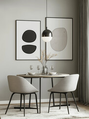 mock up poster frame in modern interior background, dinning room, Scandinavian style, 3D render, 3D illustration
