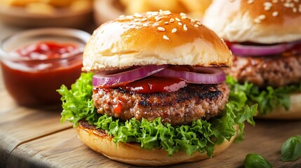 Juicy Homemade Beef Burger with Fresh Lettuce and Onion in a Perfectly Toasted Bun : Generative AI