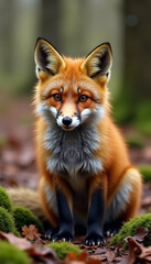 Fototapeta premium Close-up portrait of a red fox sitting on mossy ground in a forest, showcasing wildlife beauty and detail 
