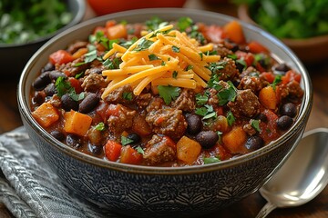 A bowl of hearty chili with beef, beans, and sweet potatoes, topped with shredded cheese and fresh herbs. Warm and inviting comfort food.