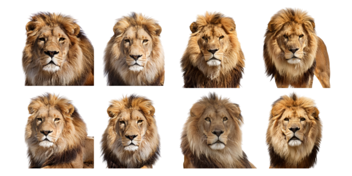 Majestic Lion Faces in Various Expressions, PNG collection, set bundle, isolate on transparent or white background