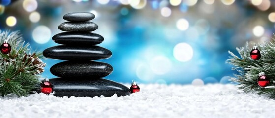 Obraz premium Serene Christmas Spa: Stacked Stones, Snow, and Festive Ornaments