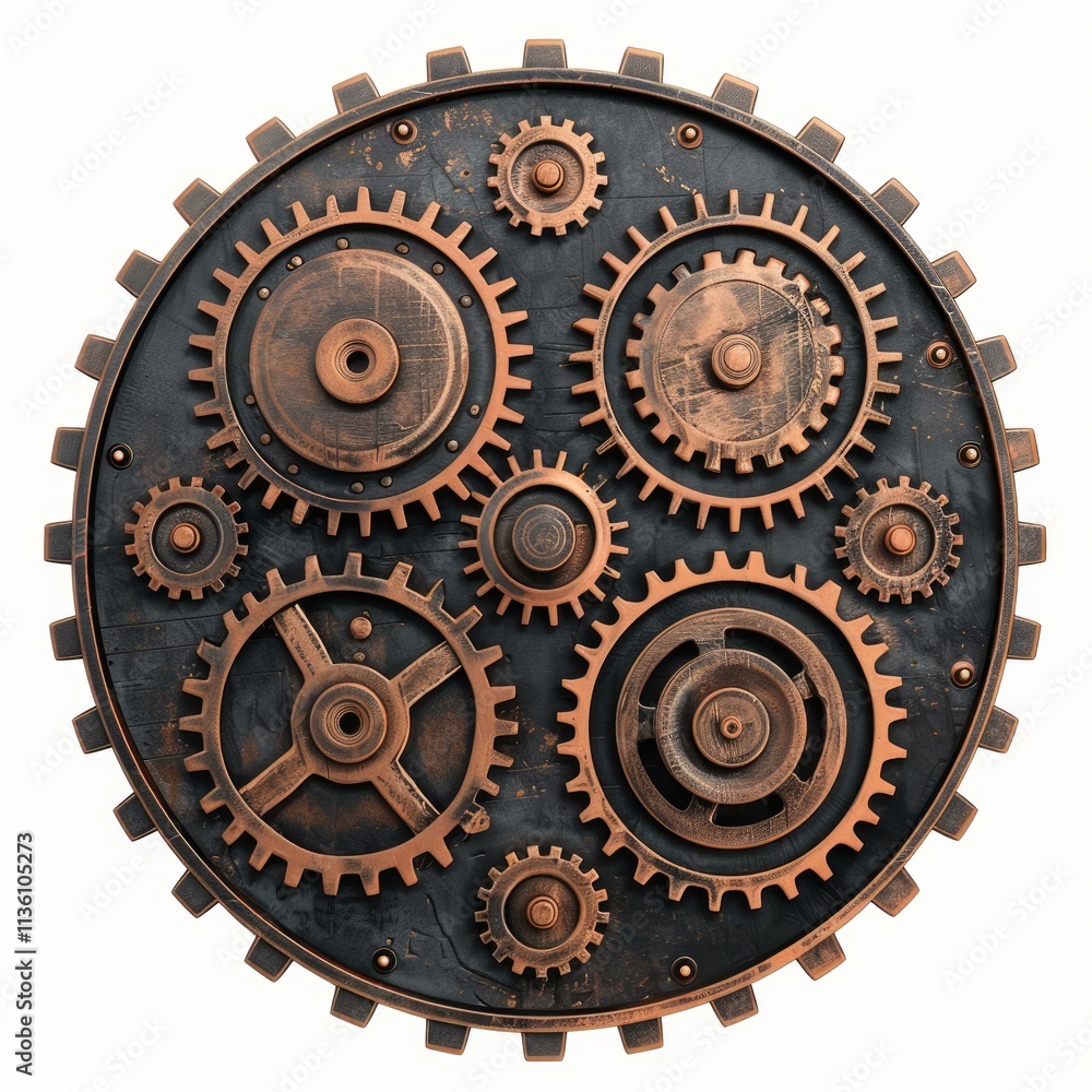 Poster large and small copper gears interlock and rotate on a dark circular background, symbolizing complex