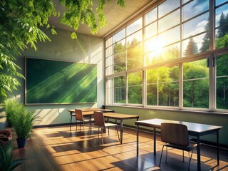 Fototapeta premium Double Exposure Classroom: Sunlight, Chalkboard, Minimalist Decor - AI Art