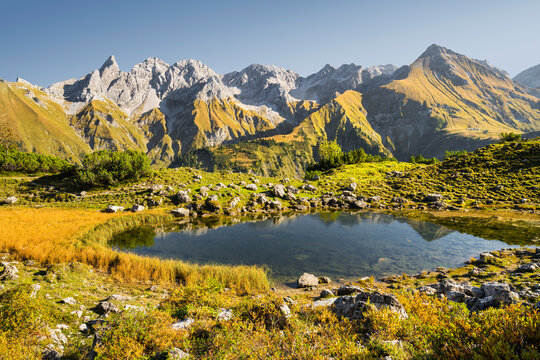 Guggersee, Trettachspitze, M&auml;delegabel, Hochtrottspitze, Linkserkopf, Allg&auml;uer Hauptkamm, Bayern, Deutschland