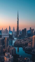 Naklejka premium Stunning Aerial View of Dubai Skyline at Sunset Featuring Iconic Skyscrapers and Burj Khalifa : Generative AI
