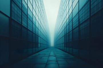 Modern glass buildings alleyway, misty atmosphere.