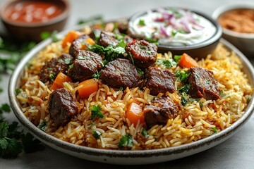 A plate of food with meat and rice