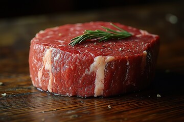 A piece of meat with a sprig of rosemary on top