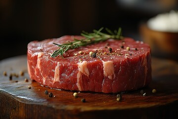 A piece of meat with rosemary and pepper on top