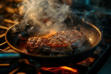 A piece of meat is cooking in a pan with smoke coming out of it