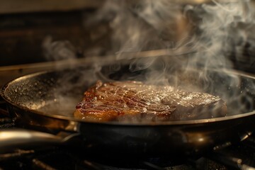 A piece of meat is cooking in a pan and the smoke is rising