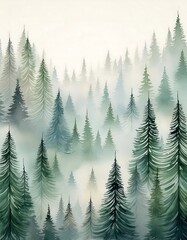 Obraz premium Misty spruce forest with scattered fir trees and soft gradients in a serene natural setting. Generative AI