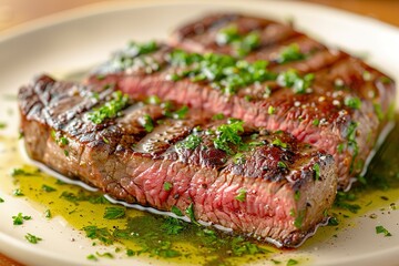 A piece of meat is sitting on a plate with parsley and butter