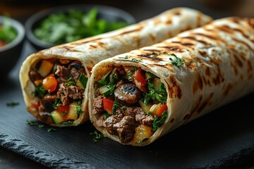 Two burritos with meat and vegetables on a black table