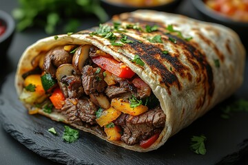 A burrito filled with meat and vegetables