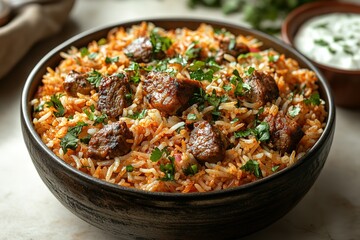 A bowl of red rice with meat and green herbs