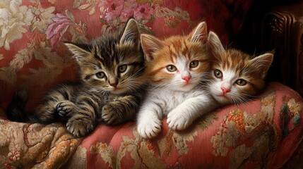 Three Adorable Kittens Snuggling on a Floral Couch