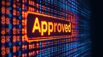 A glowing "Approved" sign amidst a digital backdrop, symbolizing validation and acceptance in a tech-savvy environment.