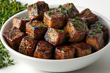A white bowl filled with meat cubes and herbs