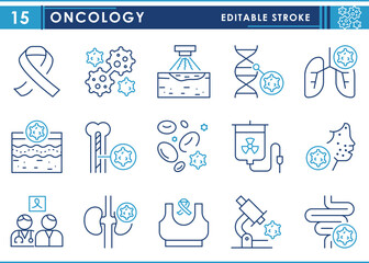 A set of line icons related to Oncology. Cancer, treatment, lungs, kidney, skin, doctor, bone marrow, breast, microscope, chemotherapy, and so on. Vector editable stroke.