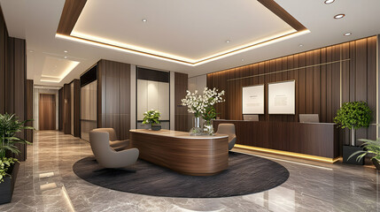 Modern luxury hotel reception area with wooden furniture and marble floor.